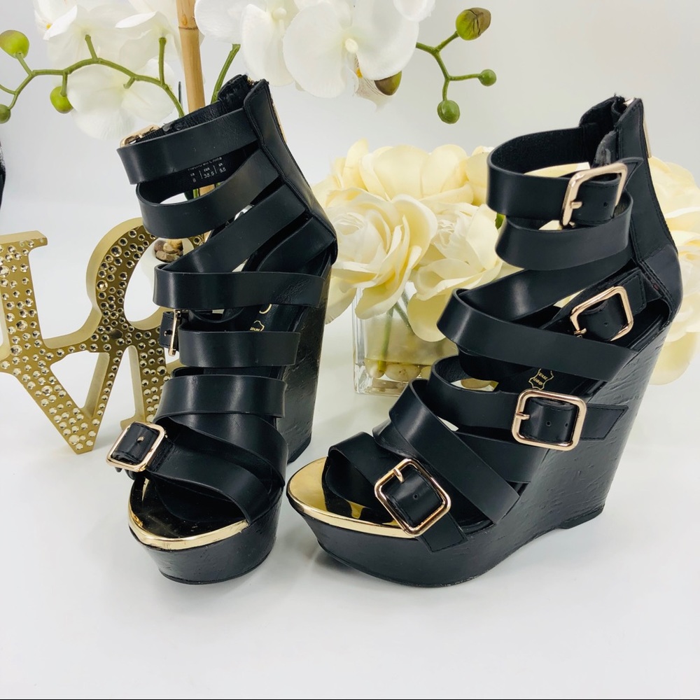 Aldo Leather Strap Buckle Wedges Heels - Picture 2 of 7